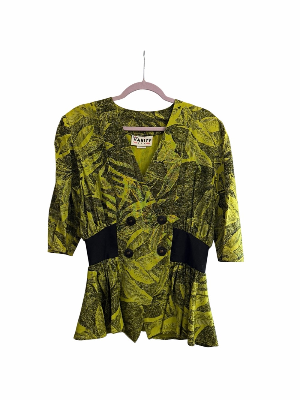 Vintage Vanity USA Tropical Leaf Peplum Rayon Blouse Top L
